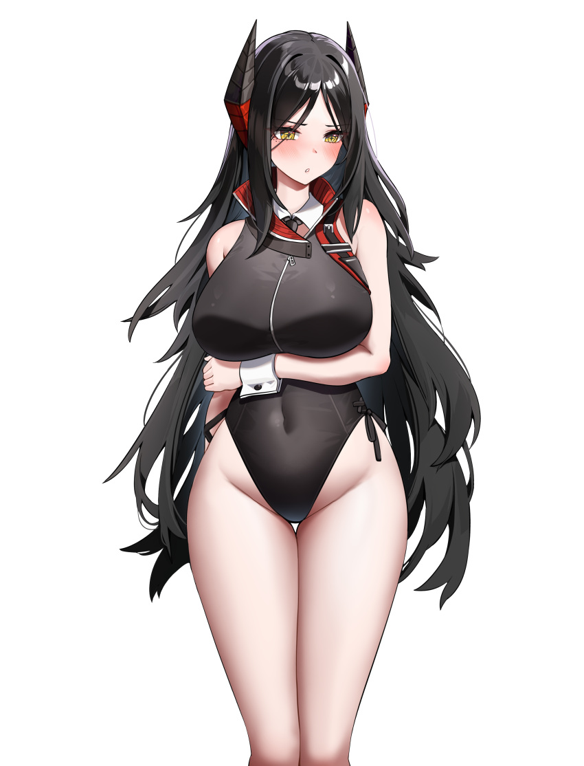 absurdres arknights arm_under_breasts black_hair black_leotard black_necktie blush breasts covered_navel detached_collar dishui_tangni female groin highleg highleg_leotard highres horns huge_breasts ines_(arknights) leotard long_hair looking_at_viewer mole mole_under_eye necktie parted_lips playboy_bunny simple_background solo standing symbol-shaped_pupils very_long_hair white_background wrist_cuffs yellow_eyes