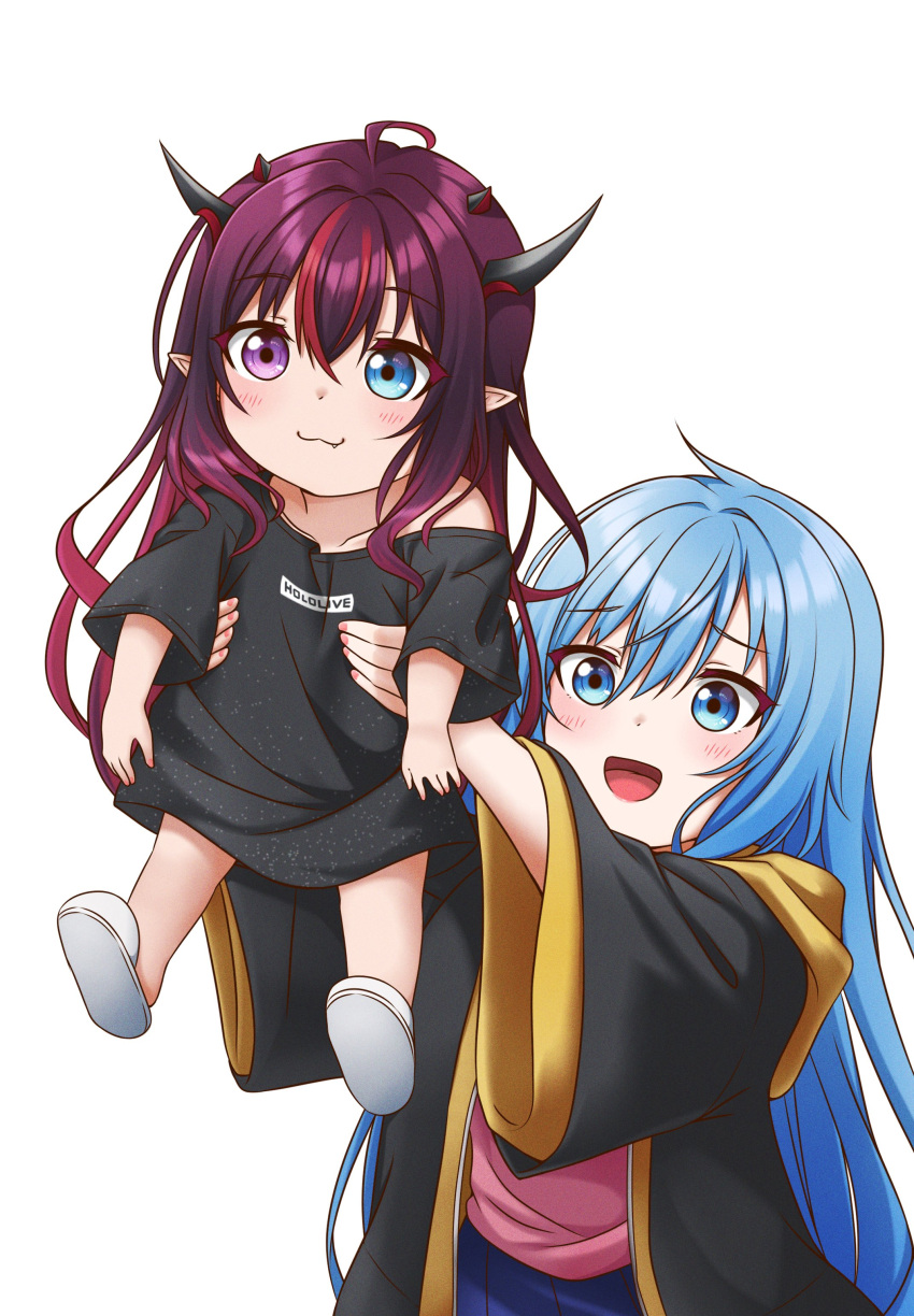 2girls :3 absurdres aged_down alternate_costume blue_eyes blue_hair blush detached_wings elie_wayne full_body heterochromia highres holding_person hololive hololive_english horns irys_(hololive) jan_azure lifting_person long_hair meme multiple_girls multiple_horns oerba_yun_fang open_mouth original oversized_clothes oversized_shirt pink_shirt purple_eyes purple_hair shirt short_hair smile virtual_youtuber wings