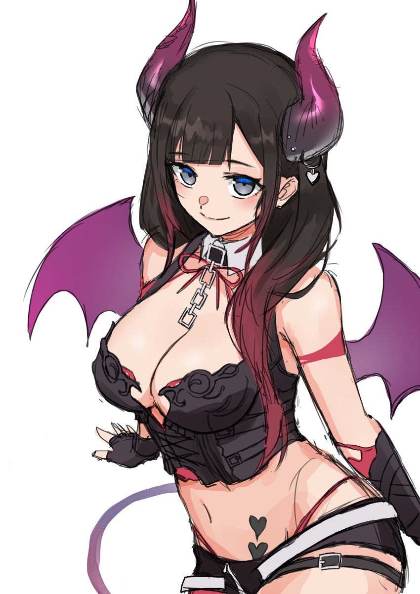 absurdres alternate_costume bare_shoulders black_hair breasts cleavage cosplay cowboy_shot demon_girl demon_horns demon_wings detached_collar female fingerless_gloves gloves grey_eyes heart heart_tattoo highres horn_ornament horn_piercing horns large_breasts long_hair lowleg lowleg_shorts midriff multicolored_hair navel nijisanji short_shorts shorts smile solo streaked_hair suzuka_utako suzuka_utako_(11th_costume) tattoo thigh_strap virtual_youtuber white_background wings yifeng_ivte