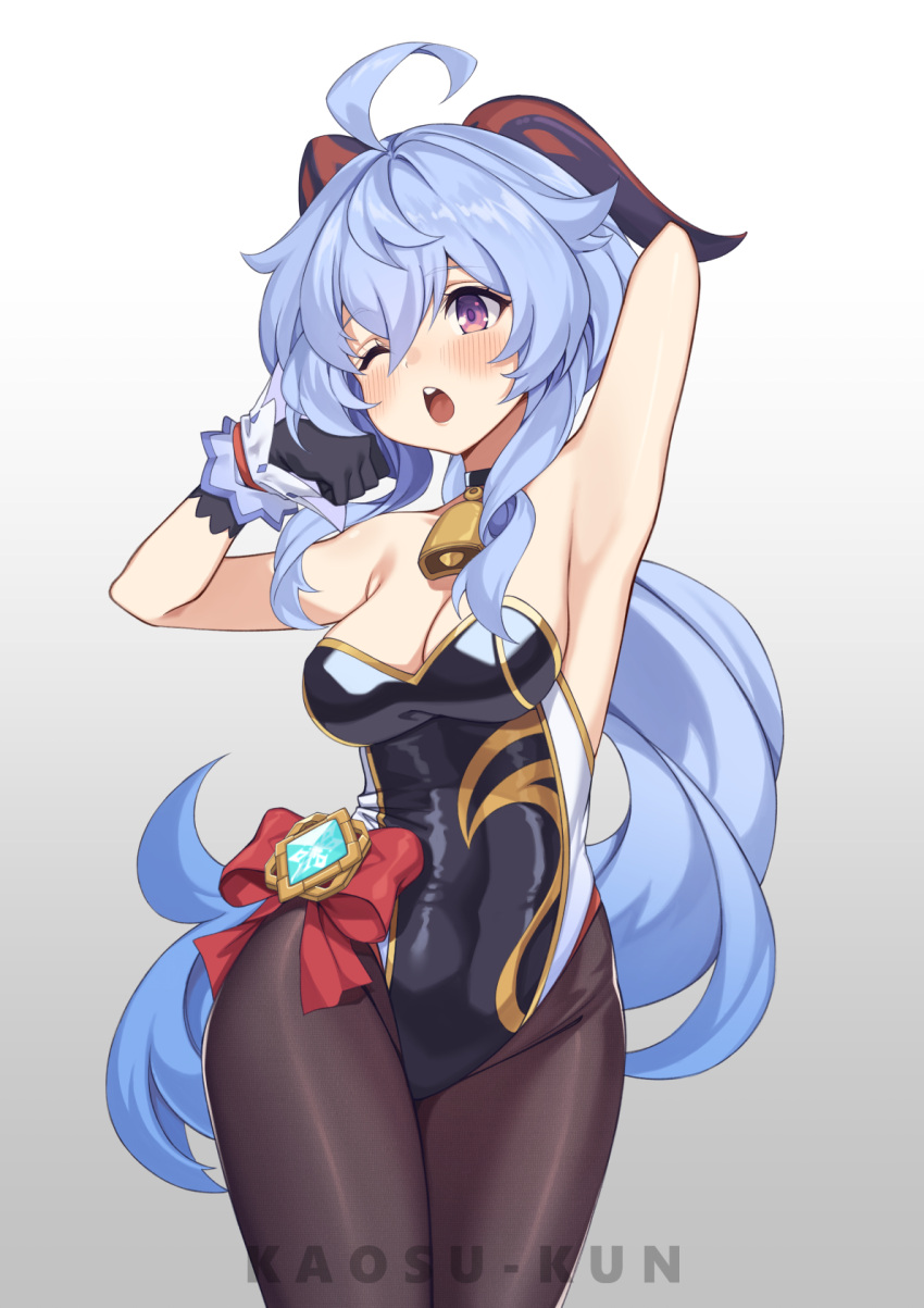 ;o adapted_costume ahoge alternate_costume arm_up armpits bare_shoulders bell black_choker black_gloves black_leotard blue_hair bow breasts brown_pantyhose choker cleavage cowbell cowboy_shot female ganyu_(genshin_impact) genshin_impact gloves goat_horns gold_trim gradient_background grey_background groin highleg highleg_leotard highres horns kaosu_kun leotard long_hair looking_at_viewer low_ponytail medium_breasts one_eye_closed open_mouth pantyhose purple_eyes red_bow solo strapless strapless_leotard very_long_hair vision_(genshin_impact)