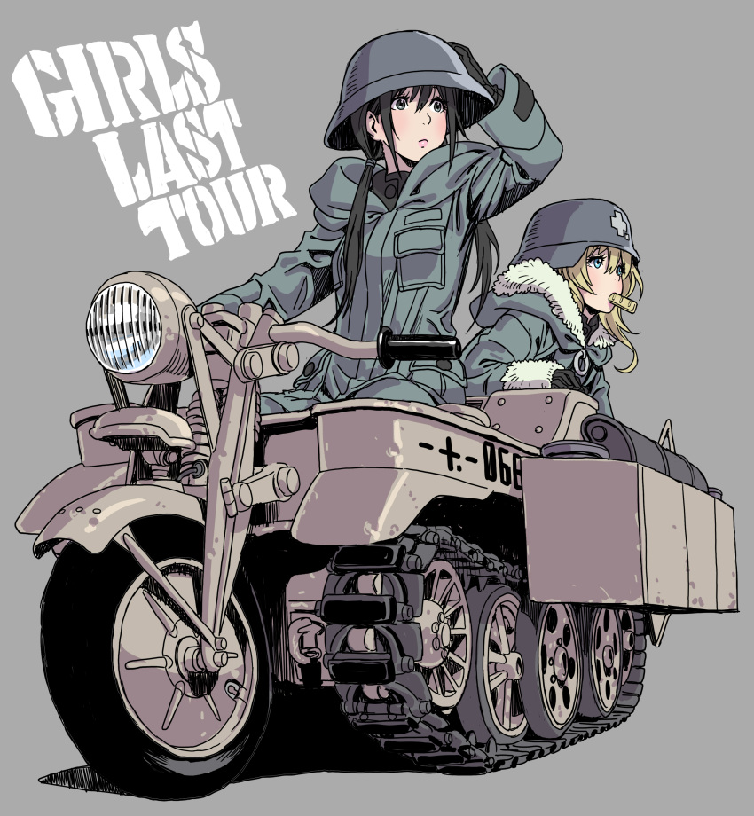 2girls absurdres black_eyes black_hair blonde_hair blue_eyes brodie_helmet caterpillar_tracks chito_(shoujo_shuumatsu_ryokou) coat combat_helmet copyright_name green_coat grey_background half-track handlebar helmet highres kettenkrad looking_to_the_side military military_uniform military_vehicle mouth_hold multiple_girls shoujo_shuumatsu_ryokou sitting stahlhelm twintails uniform vehicle_focus yamashita_shun'ya yuuri_(shoujo_shuumatsu_ryokou)