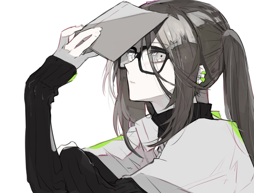 akuta_hinako earrings ebanoniwa fate/grand_order fate_(series) female from_side glasses grey_eyes jewelry long_sleeves looking_at_viewer looking_to_the_side muted_color parted_lips simple_background solo twintails white_background