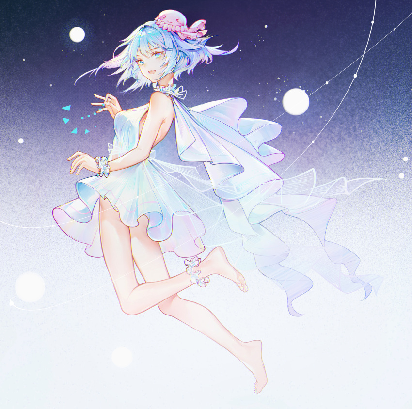 ankle_scrunchie bai_qi-qsr bare_legs bare_shoulders barefoot blue_eyes blue_hair cape dress female from_side full_body haiyi highres jellyfish jellyfish_hair_ornament legs looking_at_viewer miniskirt open_mouth purple_eyes scrunchie see-through short_hair skirt smile solo synthesizer_v white_cape white_dress wrist_scrunchie