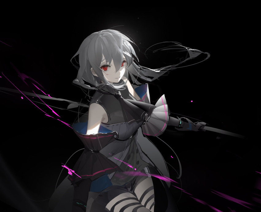 absurdres arknights black_background black_gloves bow breasts eyebrows_hidden_by_hair female gloves grey_hair hair_between_eyes highres holding holding_sword holding_weapon long_hair looking_at_viewer open_mouth red_eyes simple_background skadi_(arknights) skadi_(elite_ii)_(arknights) skirt solo sword weapon whale_girl white_hair yukuso_(dabiandang)