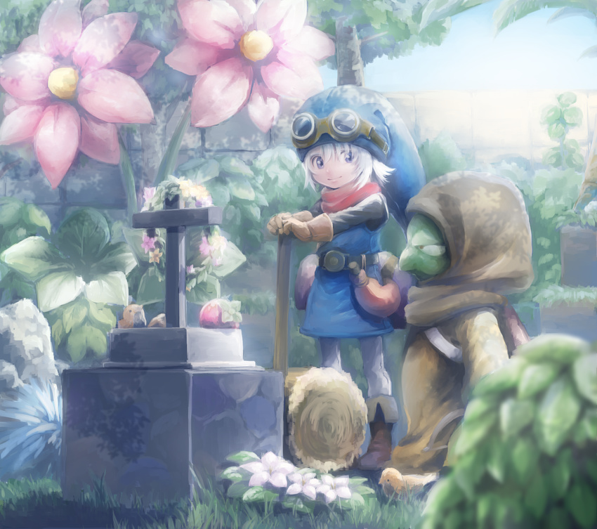 1boy belt bird blonde_hair blue_eyes board_game commentary_request dragon_quest dragon_quest_builders flower food fruit gloves goggles hammer hat highres hk_tagosaku hood hood_up leaning_on_object male_builder_(dqb) monster plant pouch scarf smile standing tombstone tunic weapon