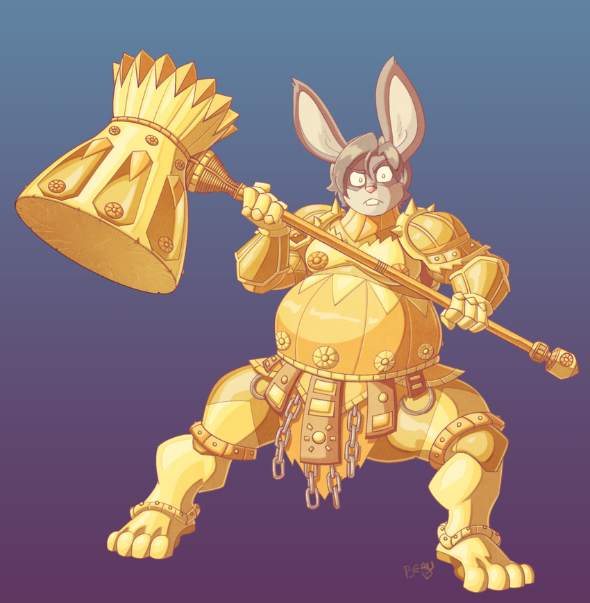 anthro armor arthur_(lapinbeau) buckteeth chains dark_souls executioner_smough fantasy fromsoftware glare gradient_background hammer hi_res lagomorph lapinbeau leporid male mammal metal nipples overweight overweight_anthro overweight_male pink_nose plate_armor rabbit simple_background solo spread_legs spreading teeth tools warrior yellow_eyes