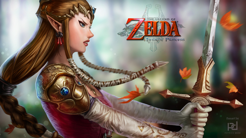 angry armor bare_shoulders blue_eyes blush braid brown_hair commentary copyright_name dress elbow_gloves english_commentary female fighting_stance gloves highres holding holding_weapon lips long_hair nose patrick_deza pauldrons photoshop_(medium) pointy_ears princess_zelda shoulder_armor sidelocks single_braid solo sword the_legend_of_zelda the_legend_of_zelda:_twilight_princess weapon