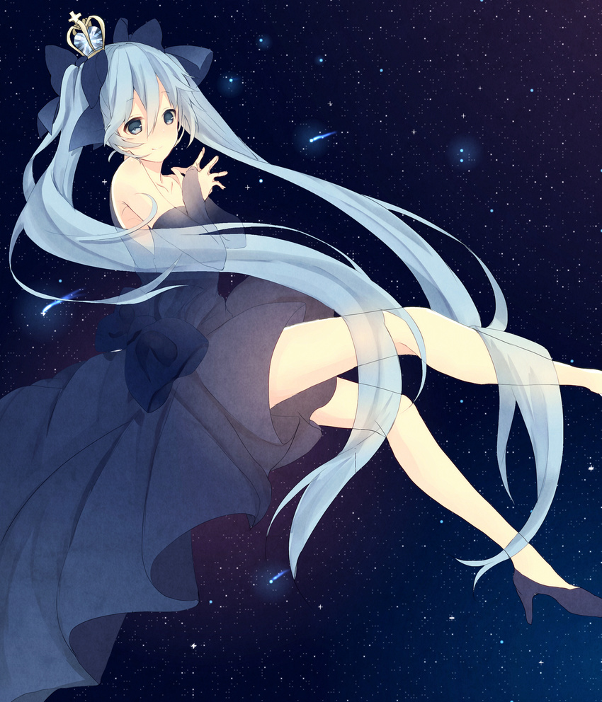 aqua_eyes aqua_hair bow bridal_gauntlets commentary_request dress female hairbow hatsune_miku high_heels highres kusamoto_sora long_hair shoes sky solo star_(sky) starry_sky twintails very_long_hair vocaloid