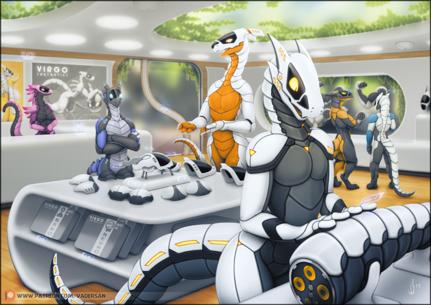 2019 android anthro breasts casual_nudity cobol detailed_background digital_media_(artwork) female group group_nudity helper_drone_(vader-san) machine male non-mammal_breasts nude perl public public_nudity robot smile social_nudity standing store synth_(vader-san) tail text translated vader-san