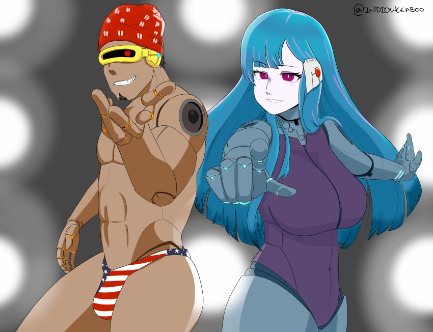 1boy absurdres android blue_hair breasts crossover cyberpunk dark_skin female highres indioweeaboo kira_miki large_breasts long_hair male_swimwear pink_eyes pointing ricardo_milos self-upload smile swim_trunks thick_thighs thighs va-11_hall-a