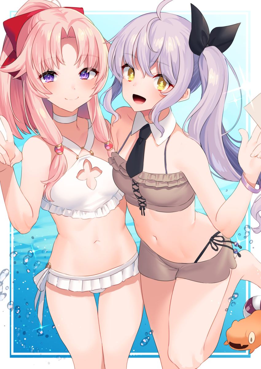 2girls :d ahoge akagi_kurage bare_arms bare_shoulders bikini bikini_skirt black_bikini black_necktie black_ribbon bow brown_bikini brown_eyes choker closed_mouth collar commentary_request detached_collar grey_hair hair_between_eyes hair_ribbon hairbow high_ponytail highleg highleg_bikini highres iris_(sennen_sensou_aigis) layered_bikini long_hair multiple_girls navel necktie open_mouth parted_bangs pink_hair ponytail purple_eyes red_bow ribbon rino_(sennen_sensou_aigis) sennen_sensou_aigis short_necktie side-tie_bikini_bottom side_ponytail smile sparkle standing standing_on_one_leg swimsuit very_long_hair water water_drop white_bikini white_choker white_collar wing_collar