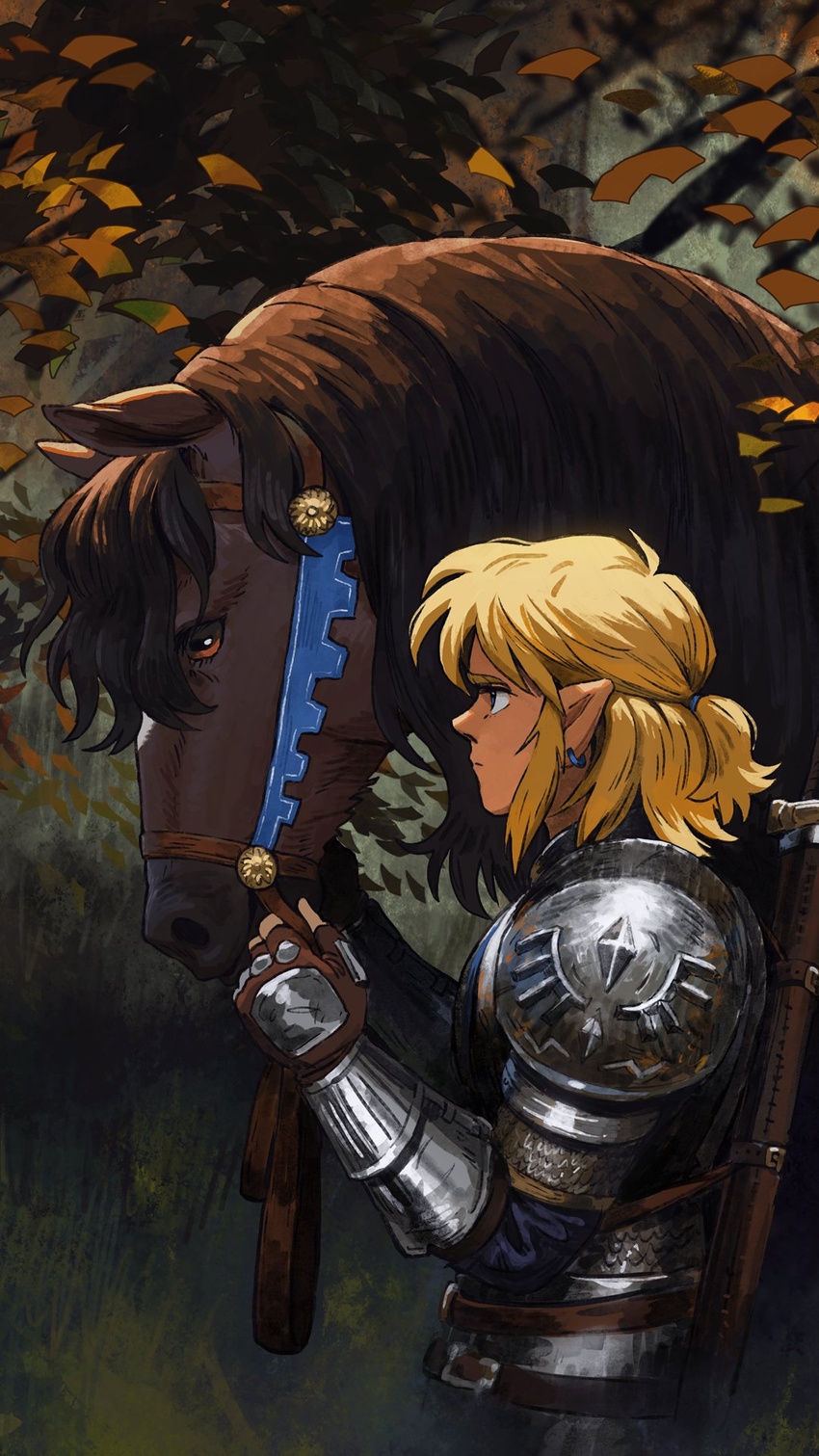 1boy animal armor blonde_hair brown_gloves closed_mouth commentary earrings english_commentary epona fingerless_gloves from_side gloves hand_up highres horse jewelry link looking_at_animal male_focus malin_falch outdoors pointy_ears profile scale_armor shiny shoulder_armor sitting the_legend_of_zelda the_legend_of_zelda:_breath_of_the_wild tree