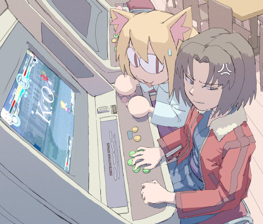 2girls :3 absurdres anger_vein angry animal_ear_fluff animal_ears arcade arcade_cabinet astro_city bad_id bad_twitter_id big_eyes black_eyes black_hair blonde_hair blue_kimono bob_cut brown_eyes cat_ears chair clenched_teeth collarbone commentary commission english_commentary fighting_game fur_trim hair_between_eyes highres indoors jacket japanese_clothes kara_no_kyoukai kimono long_sleeves looking_at_another looking_to_the_side medium_hair melty_blood multiple_girls neco-arc open_mouth pantsu-ripper parted_bangs purple_skirt red_jacket ryougi_shiki sitting skirt smile sweatdrop sweater table teeth tsukihime turtleneck white_sweater