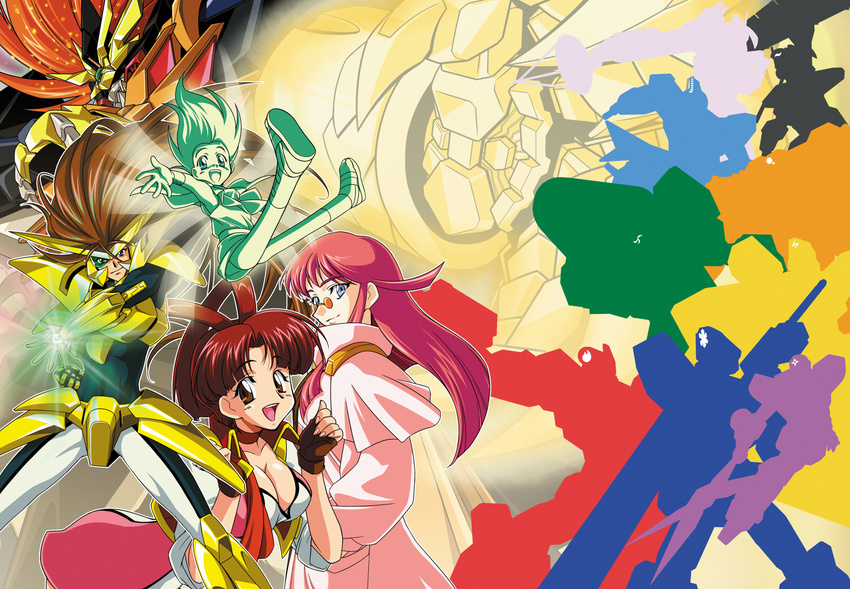 2boys 2girls amami_mamoru anryuu blue_eyes breasts brown_eyes brown_hair cleavage collarbone commentary_request enryuu_(gaogaigar) fingerless_gloves fuuryuu_(gaogaigar) genesic_gaogaigar gloves glowing glowing_hand goldymarg gun hand_in_pocket hyouryuu_(gaogaigar) kouryuu_(gaogaigar) large_breasts long_hair mecha mic_sounders_the_13th multiple_boys multiple_girls open_mouth orange_hair pink_hair rairyuu_(gaogaigar) renais_cardiff_shishiou robot shishiou_gai shuriken silhouette sunglasses tsuzuki_masumi utsugi_mikoto very_long_hair volfogg weapon yuusha_ou_gaogaigar yuusha_ou_gaogaigar_final yuusha_series