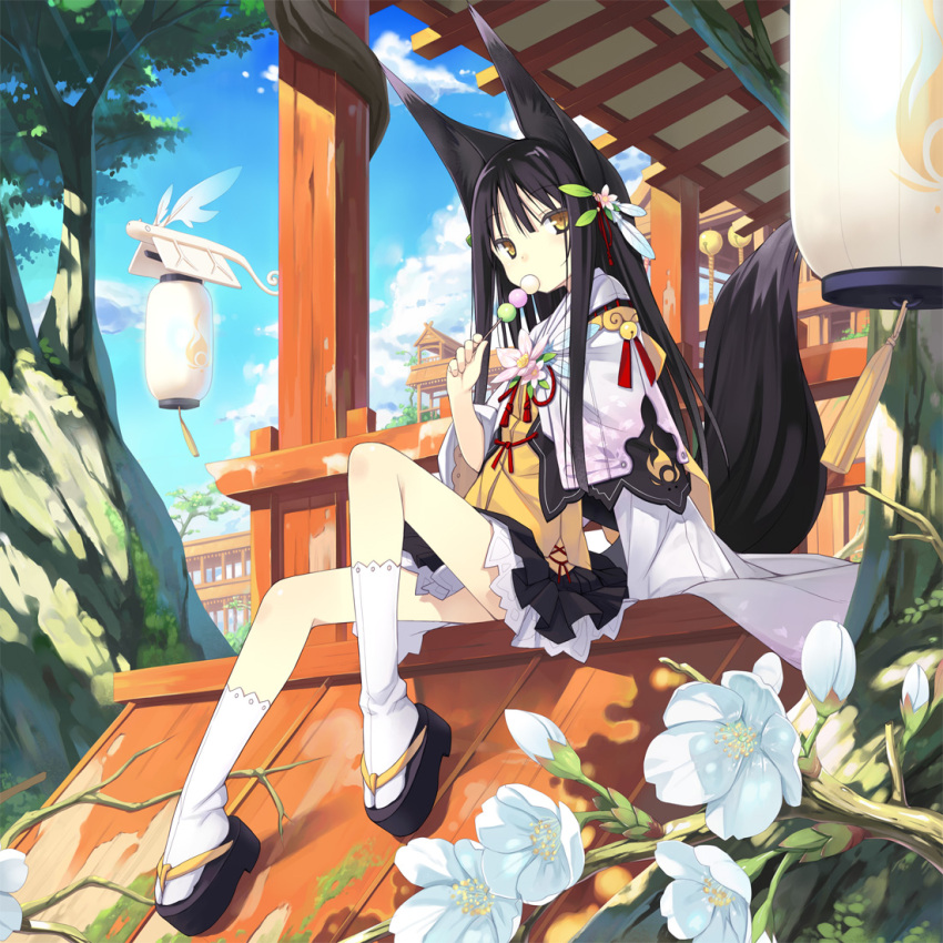 1:1 animal_humanoid black_hair bottomwear branch clothing cloud detailed_background eating female flower food hair humanoid kuromitsu_nene lamp lantern light long_hair mammal paper_lantern plant poco sitting skirt solo sunlight tail yellow_eyes