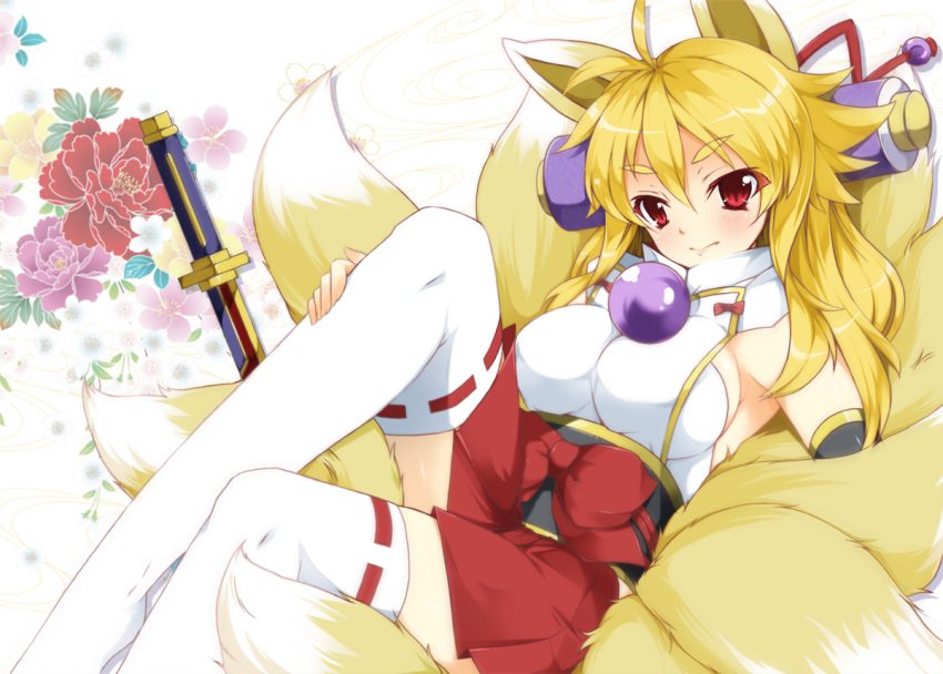 animal_humanoid armwear big_breasts blonde_hair breasts canid canid_humanoid canine canine_humanoid clothing detached_sleeves female flower fox fox_humanoid hair haru_(artist) humanoid izuna_(shinrabanshou) legwear long_hair mammal mammal_humanoid melee_weapon multi_tail plant red_eyes shinrabanshou side_boob solo sword tail thigh_highs weapon