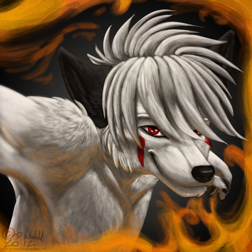 1:1 anthro black_body black_fur black_nose bust_portrait canid canine canis claws collarbone facial_markings fire fur hair head_markings hi_res looking_aside looking_at_viewer male mammal markings nude portrait pyroglytheum raphial raphial_(character) red_eyes short_hair simple_background smile solo white_body white_fur white_hair wolf