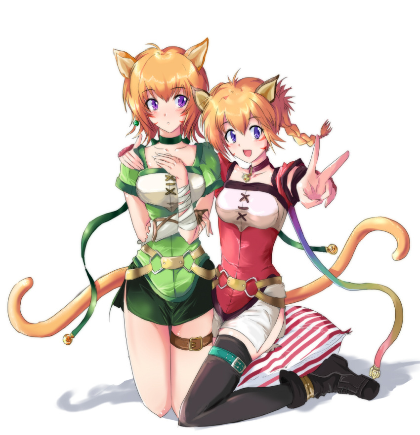 :d animal_humanoid bandage belt blush braided_hair cat_humanoid choker clothing duo echizen facial_markings felid felid_humanoid feline feline_humanoid female fire_emblem gesture hair hand_gesture hand_on_shoulder head_markings humanoid jewelry kneeling legwear lethe_(fire_emblem) lyre_(fire_emblem) mammal mammal_humanoid markings necklace nintendo open_mouth orange_hair pillow purple_eyes short_hair sibling_(lore) side_slit single_braid sister_(lore) sisters_(lore) sitting smile tattoo thigh_highs thigh_strap v_sign