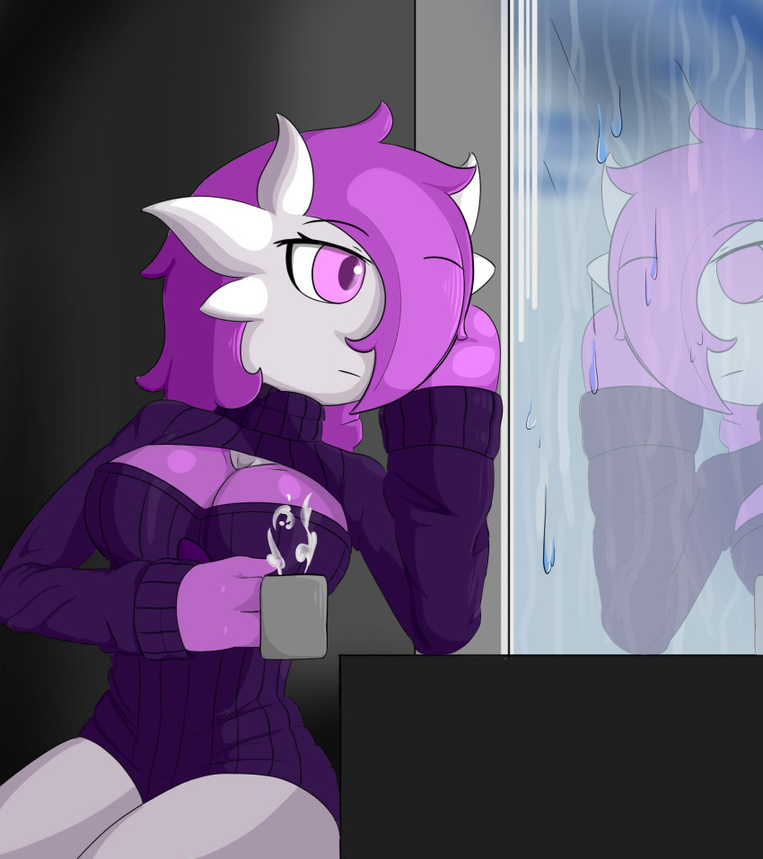 2020 3_fingers cleavage_cutout container cup cutout detailed_background female fingers gardevoir generation_3_pokemon hair hair_over_eye hi_res holding_container holding_cup holding_mug holding_object humanoid looking_at_reflection melancholic messy_hair mferite mug nintendo not_furry one_eye_obstructed pink_eyes pokemon pokemon_(species) purple_body purple_hair rain_on_window raining reflection resting_arm solo steam