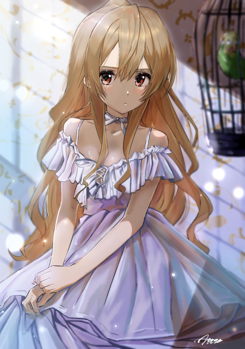 aisaka_taiga bad_id bad_twitter_id bare_shoulders bird blurry blurry_background blush brown_eyes brown_hair cage choker closed_mouth commentary dress female hair_between_eyes highres inko long_hair looking_at_viewer parrot ribbon_choker signature sleeveless sleeveless_dress solo toradora! verse white_choker white_dress