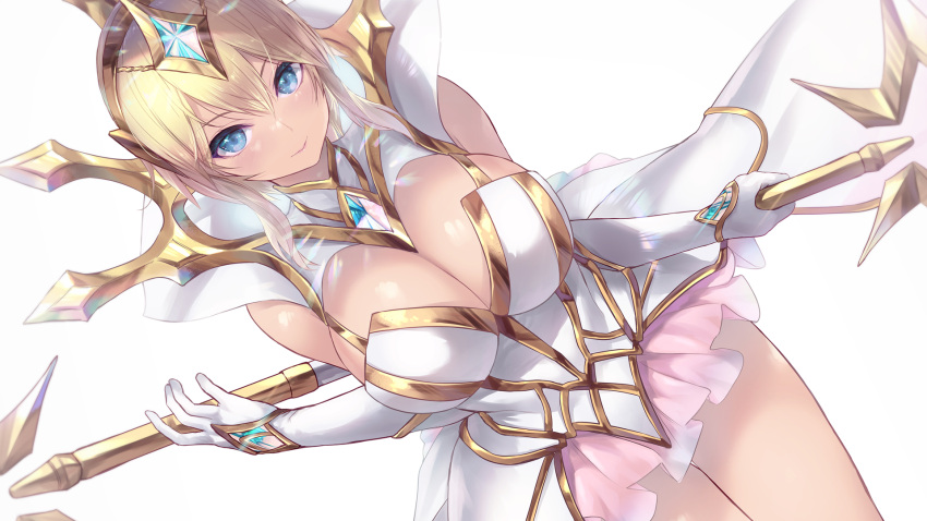 blonde_hair blue_eyes breasts cait_aron cleavage cowboy_shot dress elbow_gloves elementalist_lux female gem glint gloves hair_between_eyes highres holding holding_weapon large_breasts league_of_legends light_elementalist_lux looking_at_viewer lux_(league_of_legends) miniskirt paid_reward_available pink_skirt short_hair sidelocks simple_background skirt sleeveless smile solo staff weapon white_background white_dress white_gloves