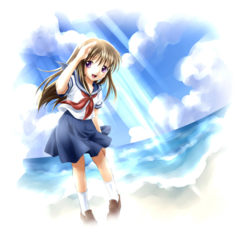 black_hair blue_sky blush cloud commentary_request day female highres kana_imouto long_hair miesa ocean photoshop_(medium) purple_eyes school_uniform serafuku skirt sky smile solo toudou_kana