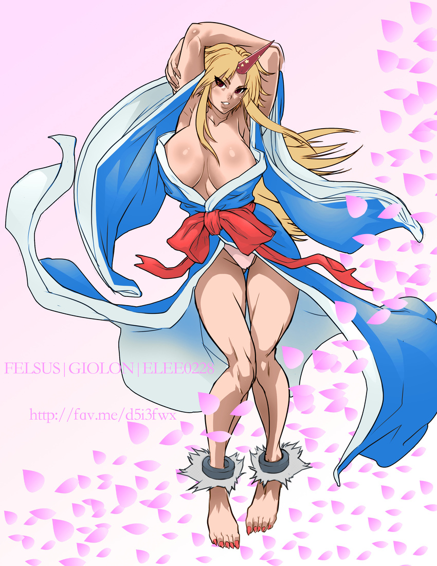 absurdres armpits arms_up barefoot blonde_hair blue_kimono breasts colorized commentary commission cuffs elee0228 english_commentary felsus female gimp_(medium) highres horns hoshiguma_yuugi hoshiguma_yuugi_(kimono) huge_breasts japanese_clothes kimono long_hair nail_polish no_bra open_clothes open_kimono panties petals pigeon-toed red_eyes shackles single_horn solo thick_thighs thighs third-party_edit toenail_polish toenails touhou underwear watermark web_address wide_sleeves