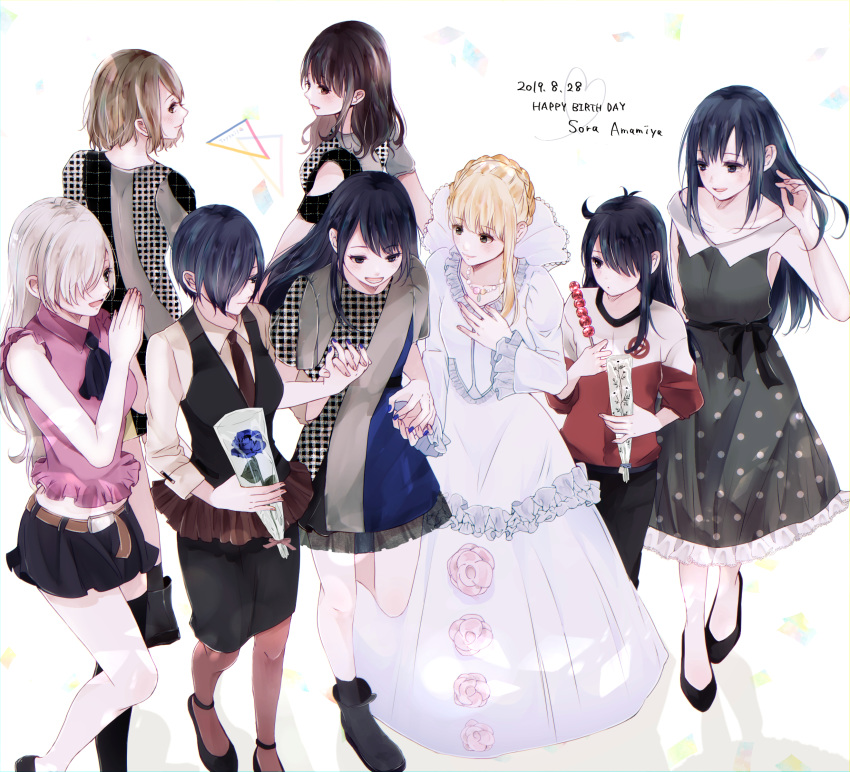 6+girls aldnoah.zero amamiya_sora ani_ni_tsukeru_kusuri_wa_nai annotated antenna_hair asakura_momo asseylum_vers_allusia bad_id bad_pixiv_id bare_shoulders belt black_eyes black_hair black_ribbon black_skirt blonde_hair blue_flower blue_hair blue_nails braid brown_belt brown_eyes brown_hair checkered collarbone commentary_request crossover dated dress elizabeth_liones english_text flower hair_over_one_eye happy_birthday highres holding holding_flower holding_hands kirishima_touka long_hair magia_record:_mahou_shoujo_madoka_magica_gaiden mahou_shoujo_madoka_magica midriff multiple_crossover multiple_girls nanami_yachiyo nanatsu_no_taizai natsukawa_shiina necktie pink_shirt real_life red_nails red_necktie ribbon shi_mao shirt short_hair sidelocks skirt tokyo_ghoul toukaairab trysail voice_actor_connection white_dress white_hair white_shirt