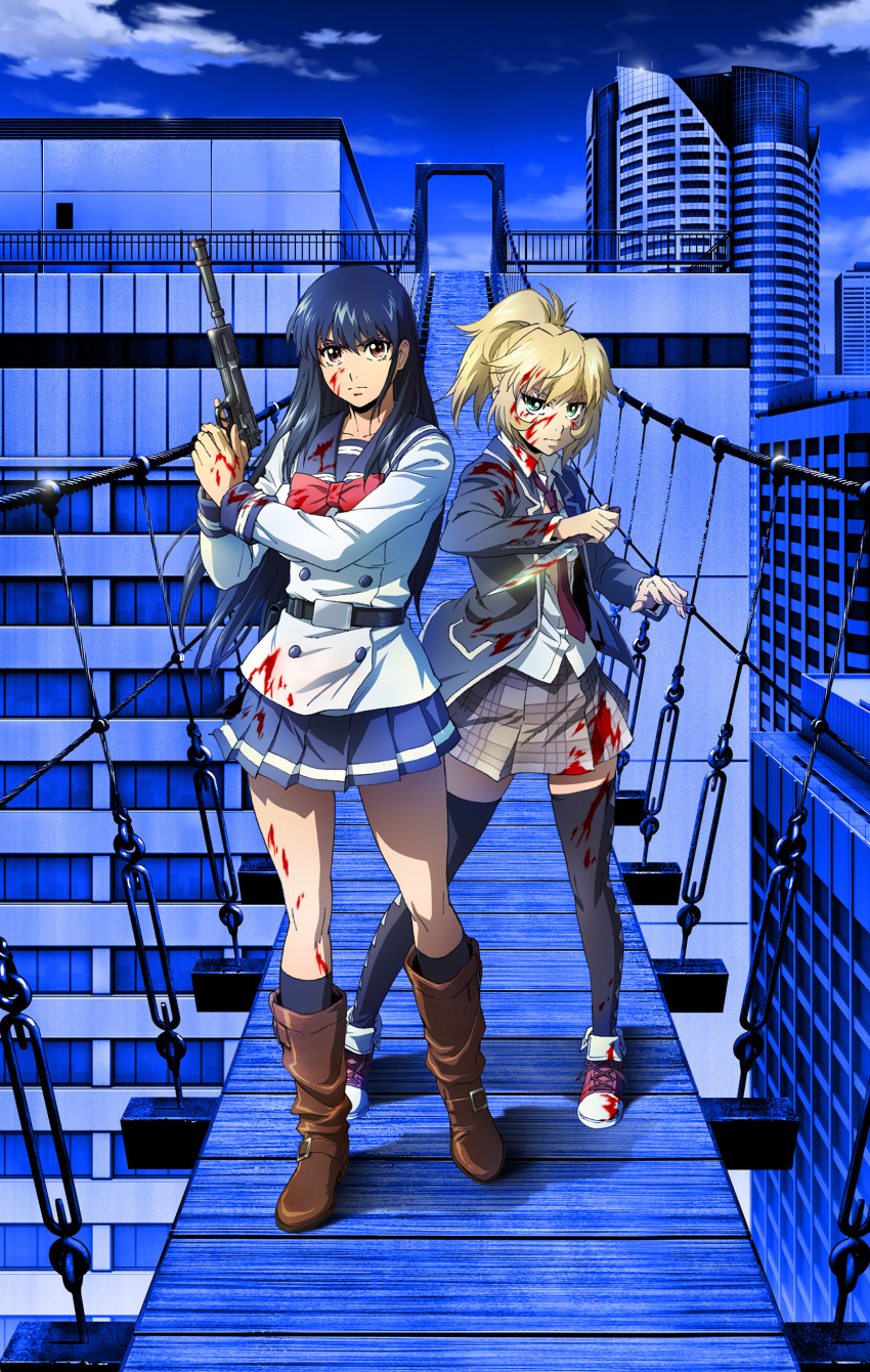 2girls absurdres belt_buckle beretta_92 blonde_hair blood blood_on_clothes blood_on_face blood_on_hands blood_splatter blue_hair boots bridge brown_eyes buckle green_eyes gun handgun highres honjo_yuri key_visual knife long_hair multiple_girls nise_mayuko official_art pleated_skirt ponytail promotional_art school_uniform serafuku shoes short_hair skirt sneakers socks suppressor tenkuu_shinpan thighhighs trigger_discipline weapon