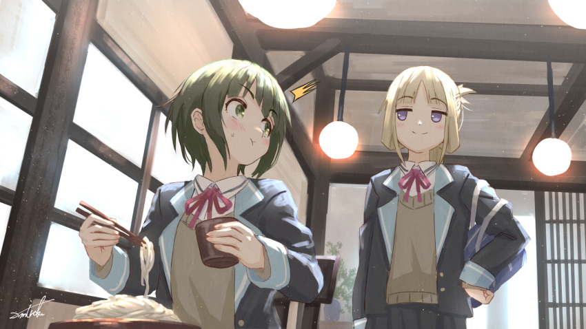 2girls :t ^^^ black_jacket black_skirt blazer blunt_bangs blush brown_sweater chopsticks closed_mouth collared_shirt commentary_request commission cup eating folded_ponytail food green_eyes green_hair holding holding_chopsticks holding_cup indoors jacket light_brown_hair looking_at_another looking_back multiple_girls neck_ribbon nogi_wakaba nogi_wakaba_wa_yuusha_de_aru noodles open_clothes open_jacket pleated_skirt purple_eyes red_ribbon ribbon school_uniform shiratori_utano shirt signature skeb_commission skirt smile standing sweat sweater udon umiroku white_shirt yuuki_yuuna_wa_yuusha_de_aru yuusha_de_aru