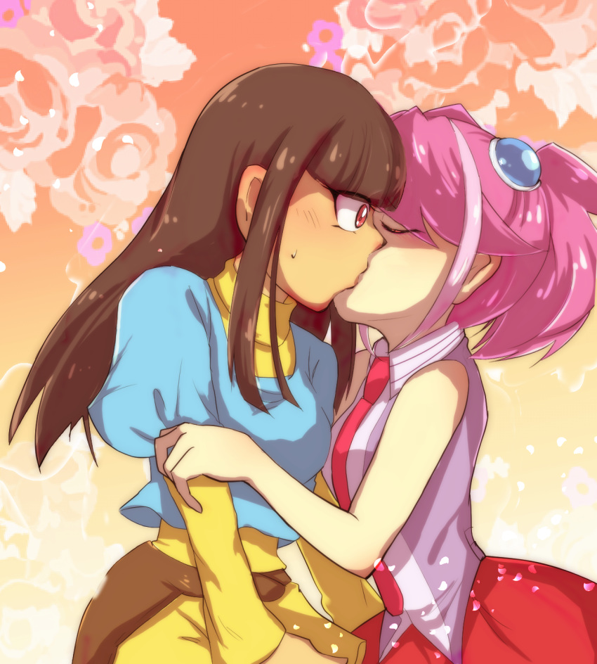 2girls black_hair blue_shirt blunt_bangs closed_eyes dark-skinned_female dark_skin floral_background flower gomaan_(twist) grabbing hair_ornament highres hiiragi_yuzu kissing kotsu_masumi long_hair long_sleeves medium_hair multiple_girls necktie pink_hair pleated_skirt red_eyes shirt skirt sleeveless sleeveless_shirt surprise_kiss surprised twintails yu-gi-oh! yu-gi-oh!_arc-v yuri