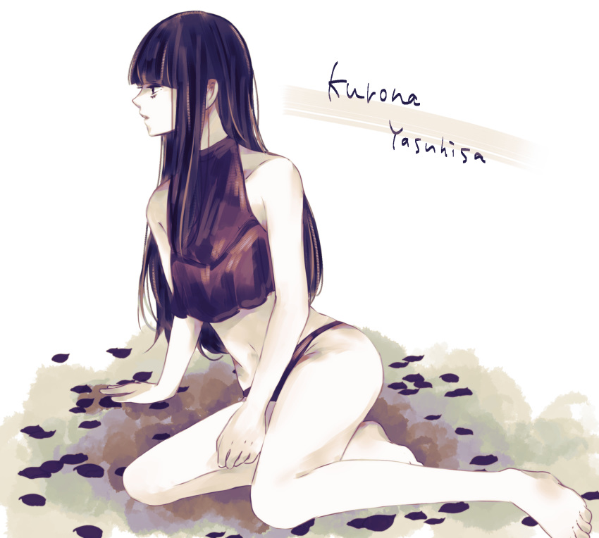 bad_id bad_pixiv_id bare_arms bare_legs bare_shoulders barefoot black_eyes black_hair black_panties commentary_request female from_side highres leaf long_hair on_ground panties sitting solo tokyo_ghoul toukaairab underwear yasuhisa_kurona