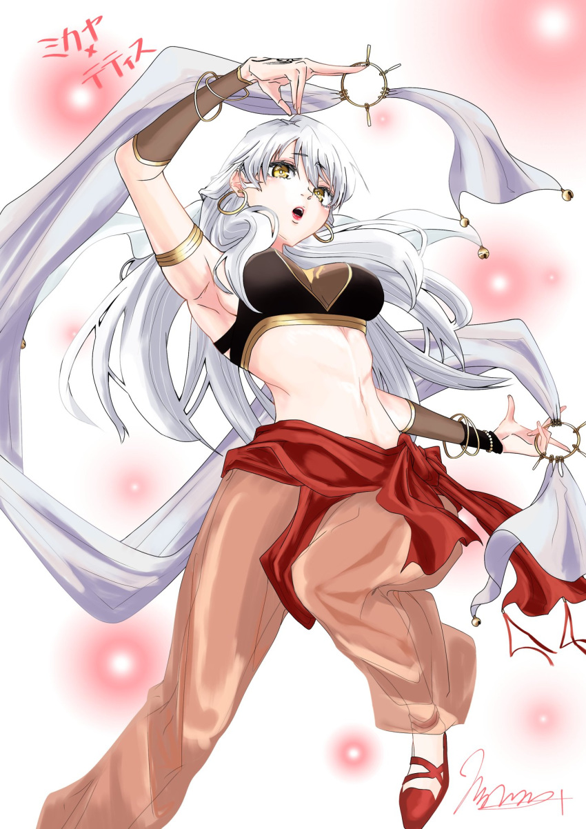 armlet armpits bare_shoulders bell birthmark blush breasts character_name cosplay crop_top dancer earrings female fire_emblem fire_emblem:_radiant_dawn fire_emblem:_the_sacred_stones half_updo highres hoop_earrings jewelry jingle_bell kuwatani_natsuko long_hair marth-chan_(micaiah_mrmm) medium_breasts micaiah_(fire_emblem) midriff navel open_mouth see-through signature simple_background sleeveless solo stomach teeth tethys_(fire_emblem) tethys_(fire_emblem)_(cosplay) voice_actor_connection white_hair yellow_eyes