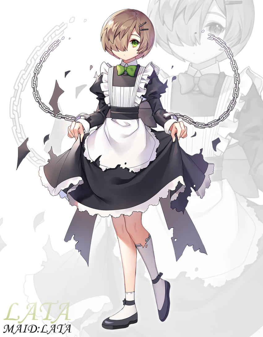 apron bad_id bad_pixiv_id black_dress black_footwear broken broken_chain brown_hair chains closed_mouth dress female foot_up frilled_apron frilled_dress frills full_body green_eyes hair_ornament hair_over_one_eye hairclip highres juliet_sleeves kneehighs long_sleeves looking_at_viewer maid maid_apron maid_headdress multiple_views original puffy_sleeves sal_gun shoes short_hair single_kneehigh single_sock skirt_hold socks standing standing_on_one_leg torn_apron torn_clothes torn_dress torn_socks white_apron