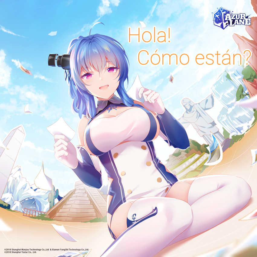 :d absurdres ahoge azur_lane bare_shoulders blue_hair blue_sky blush breasts cactus christ_the_redeemer cleavage cloud copyright_name day dress el_castillo elbow_gloves female garter_straps gloves hair_between_eyes highres holding large_breasts logo long_hair looking_at_viewer mexico mountain official_art open_mouth outdoors purple_eyes ribbon rimuu second-party_source sidelocks sitting sky smile solo spanish_text st._louis_(azur_lane) thighhighs translated washington_monument water waterfall watermark white_gloves white_thighhighs yokozuwari