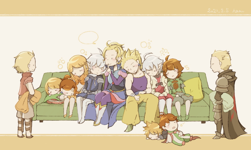 4girls 6+boys ahoge alisaie_leveilleur alphinaud_leveilleur armor basch_fon_ronsenburg blanket blonde_hair brother_and_sister brothers brown_hair cape chelinka couch dissidia_final_fantasy dissidia_final_fantasy_opera_omnia edgar_roni_figaro elezen elf final_fantasy final_fantasy_crystal_chronicles:_ring_of_fates final_fantasy_iv final_fantasy_vi final_fantasy_xii final_fantasy_xiv finger_to_mouth gabranth_(ff12) lann_(woff) leaning_on_person multiple_boys multiple_girls namit palom pillow pointy_ears porom reynn_(woff) sabin_rene_figaro shushing siblings sitting sleeping smile standing trait_connection twins white_hair world_of_final_fantasy yuri_(ffcc)