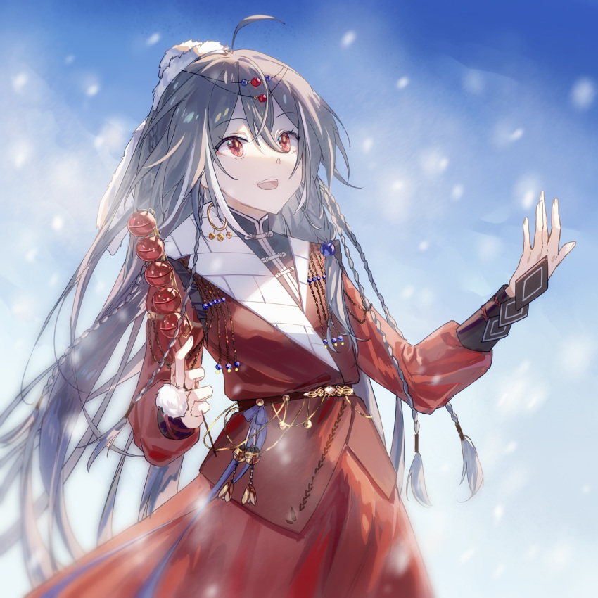 :d absurdres antenna_hair bangs blue_sky coat dango female food fu_hua fu_hua_(herrscher_of_sentience) grey_hair hair_between_eyes hair_ornament highres holding holding_food honkai_(series) honkai_impact_3rd long_hair long_sleeves looking_up open_mouth outdoors qqqne red_coat red_eyes sky smile snowing solo wagashi