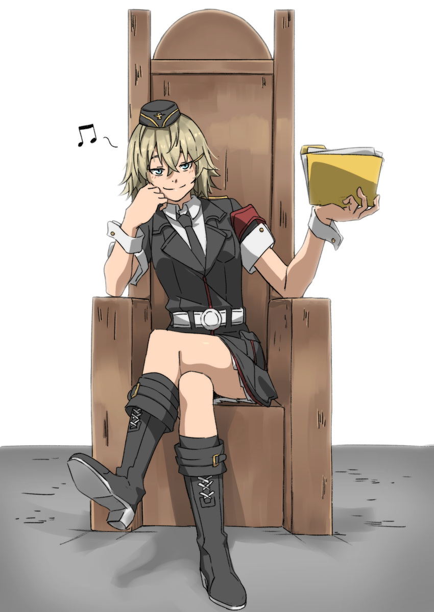 absurdres armchair black_footwear black_hat black_jacket black_necktie blonde_hair blue_eyes boots chair closed_mouth commission crossed_legs female folder full_body girls'_frontline hand_on_own_chin hat highres holding holding_folder jacket looking_at_viewer military military_hat military_jacket military_uniform mp41_(girls'_frontline) musical_note necktie pixiv_commission shirt shoe_soles short_hair simple_background sitting smile solo triangle_bullet uniform white_shirt