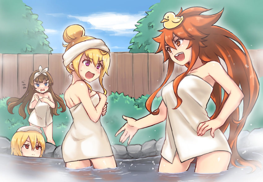 4girls alex_(dragalia_lost) blonde_hair blue_eyes blush breasts brown_hair dragalia_lost ekra elisanne hair_between_eyes hair_bun julietta_(dragalia_lost) long_hair multiple_girls naked_towel onsen open_mouth orange_eyes orange_hair outdoors partially_submerged purple_eyes red_eyes rubber_duck same-sex_bathing shared_bathing short_hair single_hair_bun teeth towel upper_teeth_only vanessa_(dragalia_lost) wading