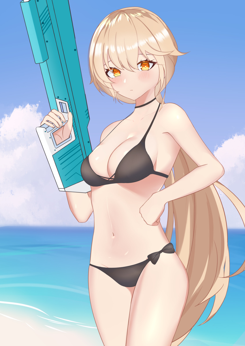 absurdres bare_shoulders beach bikini bingzhi_juzi black_bikini blonde_hair blue_sky blush breasts chinese_commentary cleavage closed_mouth collarbone commentary feet_out_of_frame female girls'_frontline girls'_frontline_2:_exilium hand_on_own_hip highres holding holding_water_gun long_hair looking_at_viewer medium_breasts navel ocean orange_eyes ots-14_(girls'_frontline) outdoors simple_background sky solo standing swimsuit water_gun