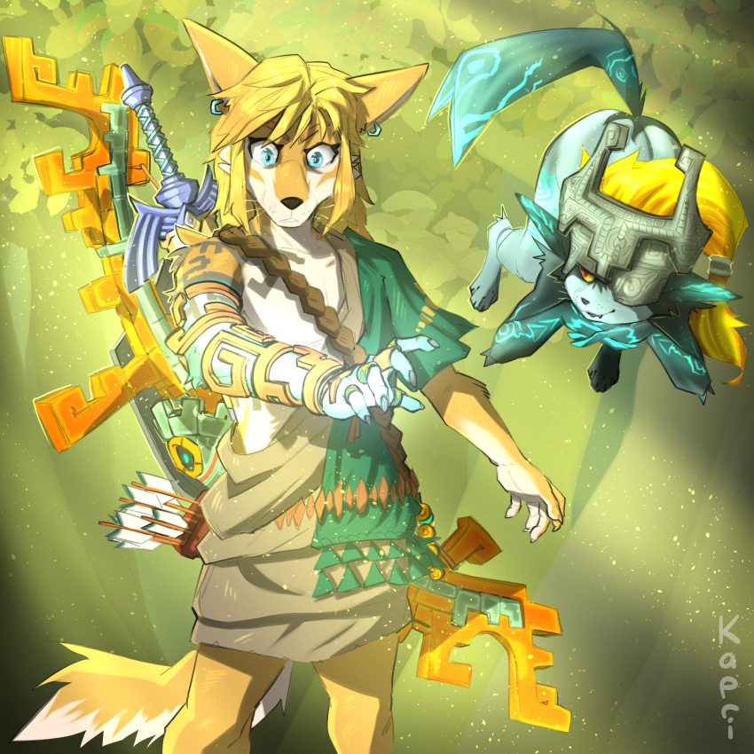 1:1 absurd_res alternate_species anthro blue_eyes bow_(weapon) canid canine duo fur hair hi_res kapri link looking_at_viewer mammal master_sword melee_weapon midna nintendo plant ranged_weapon rauru's_arm red_eyes shield surprise surprised_expression surprised_face sword tears_of_the_kingdom the_legend_of_zelda tree twilight_princess weapon whiskers wide_eyed wolf_midna yellow_sclera