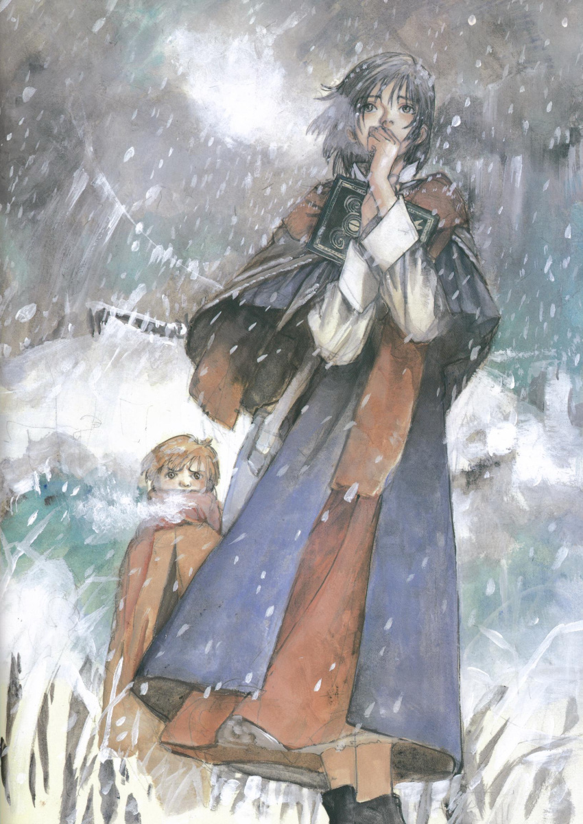 2girls age_difference black_hair book breath brown_eyes brown_hair cape cloud clouds coat cold dress highres holding honneamise_no_tsubasa landscape manna_nonderaiko mother_and_daughter multiple_girls overcoat raised_hands ridge riquinni_nonderaiko shirt shoes short_hair sky snow snowing tsuruta_kenji walking