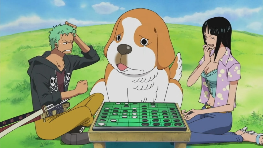 canine couple go laughing nico_robin one_piece othello roronoa_zoro sword weapon