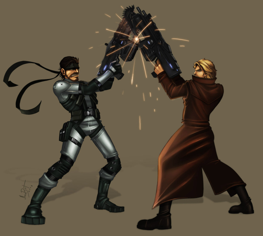 2boys battle bodysuit brothers chainsaw gears_of_war lancer_(weapon) lancer_assault_rifle liquid_snake male male_focus metal_gear metal_gear_(series) metal_gear_solid multiple_boys parody siblings simple_background solid_snake time_paradox weapon