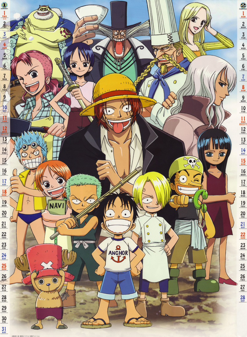 2girls 4boys 4girls 5boys 6+boys absurdres apron beard belle-mère black_hair blonde_hair blue_hair book calendar chef_hat crossed_arms dr.hiluluk dr_hiruluck dress facial_hair franky green_hair hands_on_hips hat highres horns jolly_roger kaya kaya_(one_piece) kuina lolicon male monkey_d_luffy monster_boy mother moustache multiple_boys multiple_girls nami nami_(one_piece) nico_olvia nico_robin oda_eiichiro oda_eiichirou official_art one_piece orange_hair pink_hair red_hair reindeer roronoa_zoro sandals sanji scar shanks slingshot smile speedo standing straw_hat swim_briefs teeth tom tony_tony_chopper top_hat usopp white_hair wink wooden_sword young younger zeff