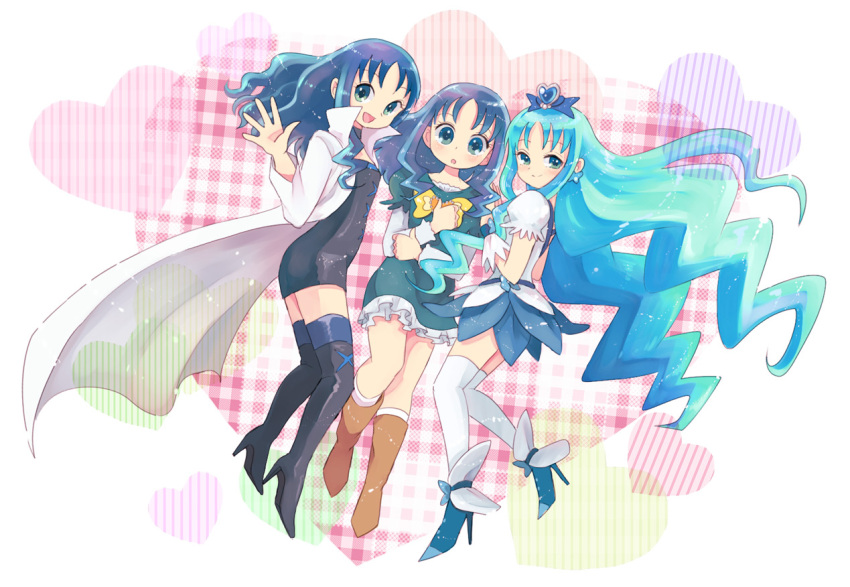 3girls blue_eyes blue_hair blue_skirt blue_theme commentary_request costume_chart cure_marine cure_marine_mirage dark_persona heart heartcatch_precure! kurumi_erika long_hair magical_girl mirage_precure multiple_girls multiple_persona oota precure skirt thighhighs