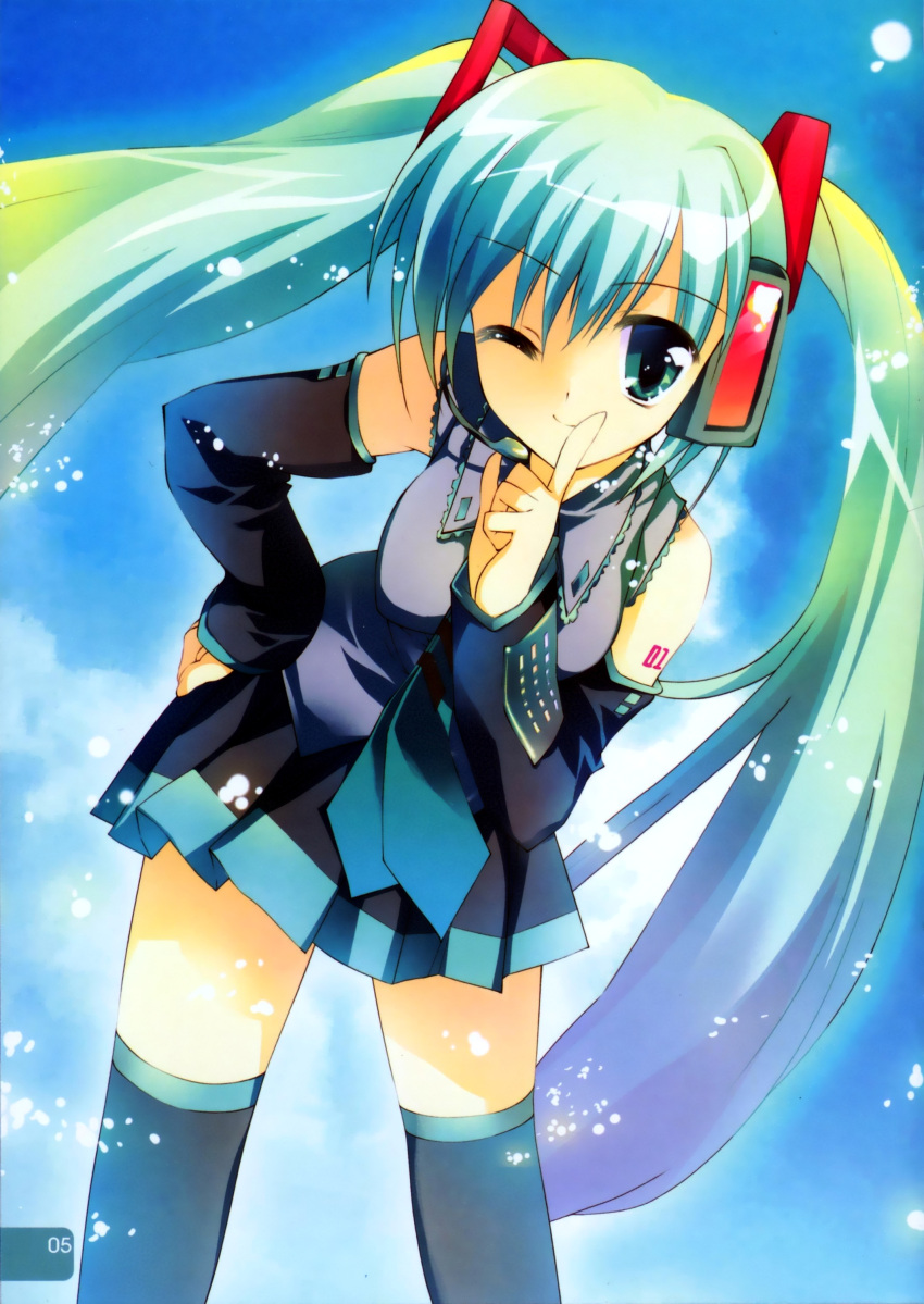 ;) absurdres aqua_eyes aqua_hair black_thighhighs detached_sleeves female finger_to_mouth hatsune_miku highres leaning_forward long_hair one_eye_closed paint.net_(medium) rei_(rei's_room) smile solo thighhighs twintails vocaloid