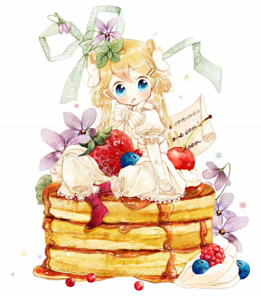 bad_id bad_pixiv_id banned_artist blue_eyes blueberry bow cherry dress flower food fruit highres in_food matoba minigirl original pancake raspberry sitting solo strawberry syrup