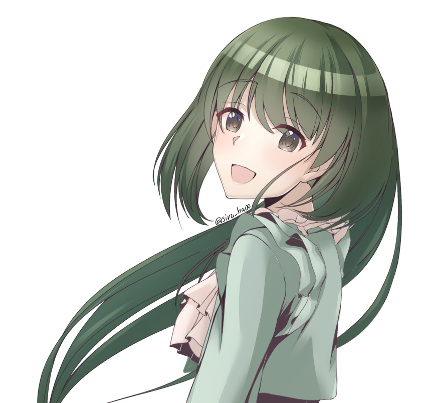 :d female green_hair highres idolmaster idolmaster_shiny_colors kagin_(kagou_shita_nanika) long_hair long_sleeves looking_at_viewer nanakusa_nichika open_mouth simple_background smile solo standing upper_body white_background