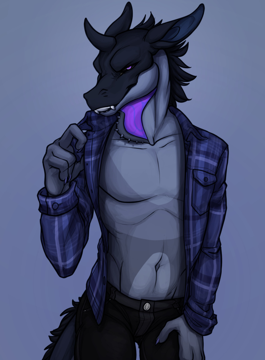 2019 4_fingers anthro bedroom_eyes black_body black_hair black_sclera black_skin blue_background bottomwear button-up ciaran_amari claws clothed clothing countershade_tail countershade_torso countershading denim denim_bottomwear denim_clothing dewlap_(anatomy) dragon fingers flannel front_view gradient_background grey_body grey_countershading grey_skin gular_flap hair half-closed_eyes hand_on_leg hi_res horn idoodle2draw inviting jeans looking_at_viewer male mane manly mythological_creature mythological_scalie mythology narrowed_eyes overshirt pants plaid portrait pose purple_eyes scalie seductive sharp_teeth shirt signature simple_background smile smirk solo spikes standing tail teasing teeth topwear